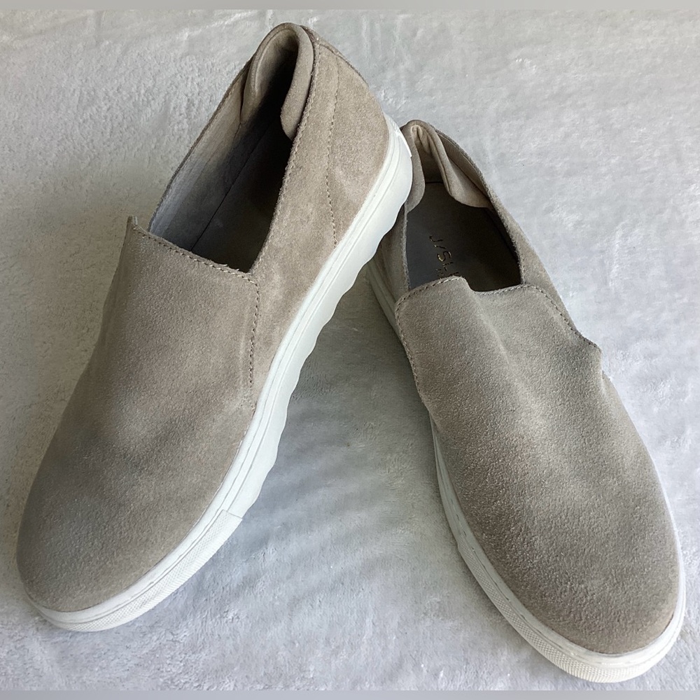 J/Slides NYC Ladies Khaki~Tan Leather/Suede Sneaker Sz 9.5M Comfort Slip-On Shoe